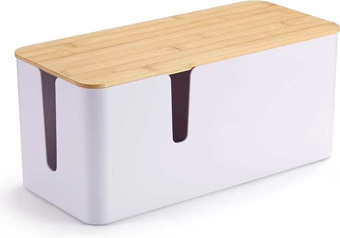 ZhiYo Large Cable Management Box, Thick ABS Power Strip Organizer, White | Extra-Tall Design for Oversized Adapters, Natural Bamboo Lid, Fits Power Strips Up to 12.5" Long, Ideal for Desks, TV Areas