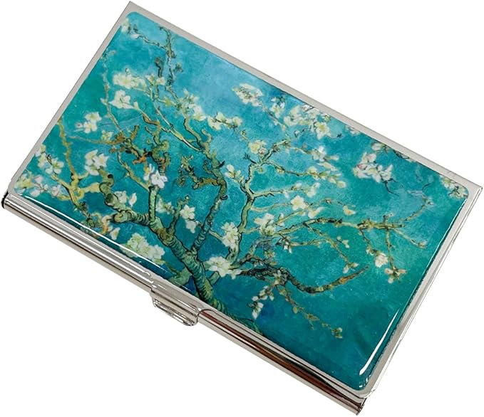 Mother of Pearl Business Card Case Credit Id Name Holder Travel Wallet Art Painting Design Metal Stainless Steel Engraved Slim Purse Pocket Cash Money Wallet (Almond Blossom)