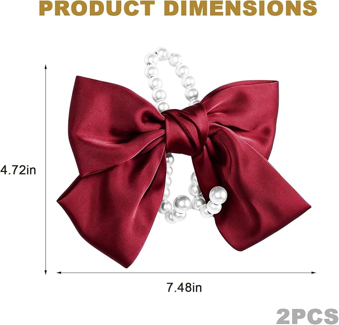 2 PCS Bow Pearl Car Seat Headrest Hook, Auto Rear Seat Hanging Organizer Elegant Pearl Decoration, Cute Bow Vehicle Interior Seatback Storage Hooks for Handbags Purses Groceries (Red)