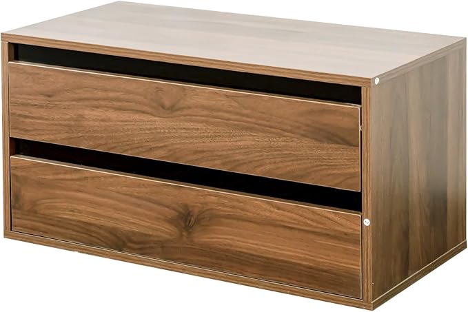 roomfitters Stackable Mounted Storage Cabinet with 2 Drawers, Wooden Organizer Shelf for Living Room, Bedroom, or Office, Walnut