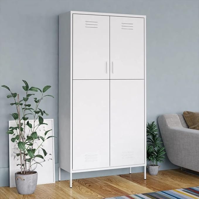 Metal Side Storage Cabinet Organizer, Employees Locker Industrial Steel Storage Cabinet with, 4 Adjustable Shelves for Office, Garage, Home 35.4"x19.7"x70.9" White -AA