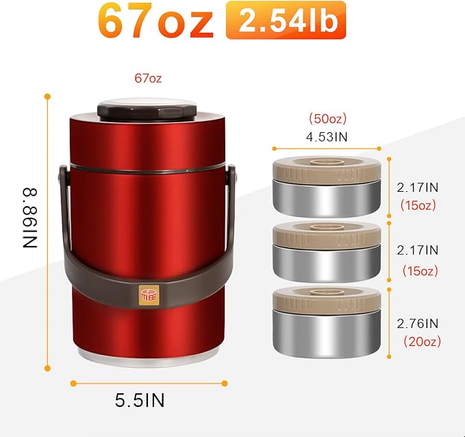 Pawovdeq 67oz Thermo for Hot Food,3-Layer Sealed Stackable Food Thermo,with Lunch Bag Soup Thermo,It Is Suitable for Daily Office Meals and Outdoor Meals (67 oz Red)