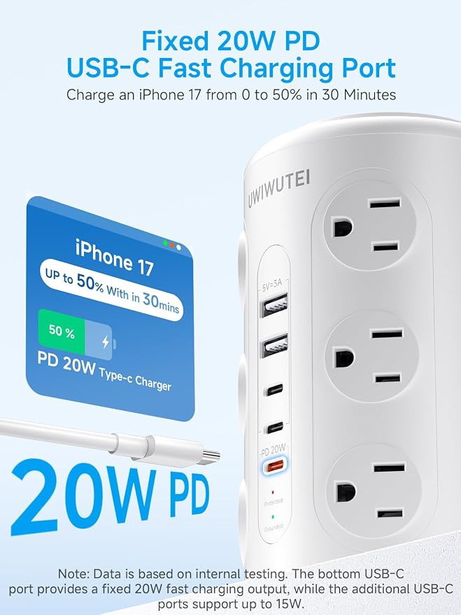 Tower Power Strip with 1 Dedicated PD 20W Fast-Charging Port, 12 Outlets, 5 USB Ports (3 USB-C), Desk Charging Station for Multiple Devices,10FT Extension Cord, Home Office Essentials
