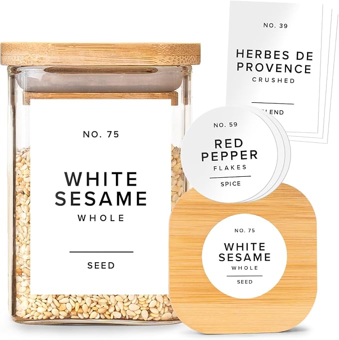 EDELHAUS Minimalist Spice Container Labels Self-Adhesive - 160 Stickers for Spice Jars, Spice Jars & Drawers, Round & Rectangular, Waterproof Spice Organiser Labels for Kitchen Organisation (White)