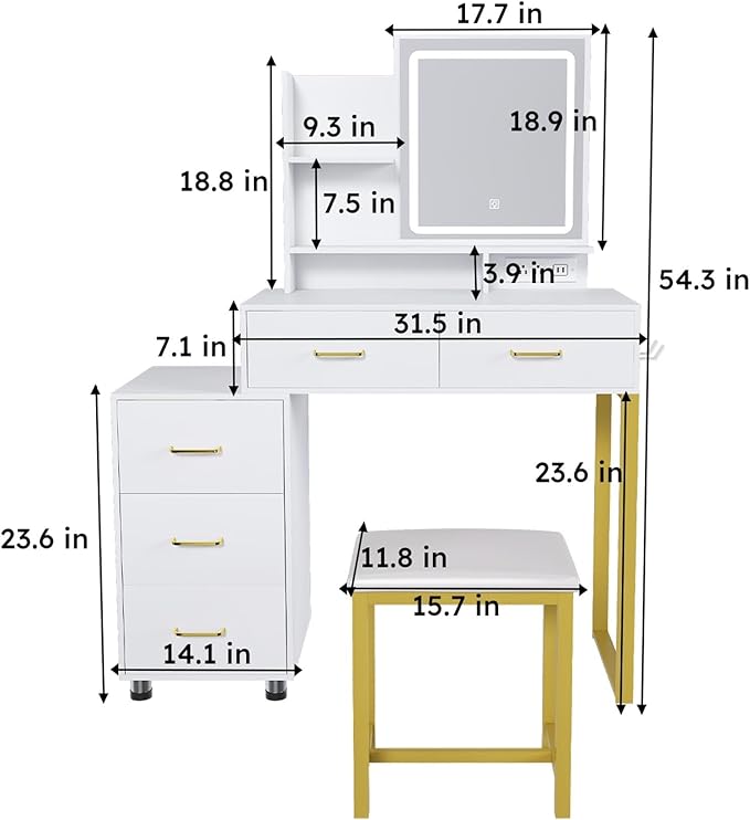 Small Makeup Vanity Desk with Mirror and Lights, Vanity Table Set with Storage Drawer & Open Shelves, 3 Lighting Colors, LED Adjustable Brightness White Makeup Vanity with Stool