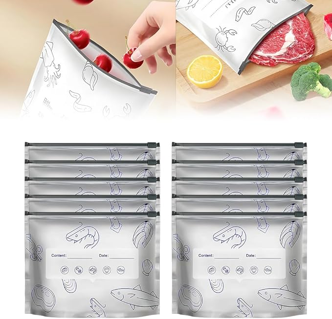 Reusable Aluminum Foil Sealable Storage Bags, Vacuum Zipper Pouches with Label and Stand Up Bottom Design, Leakproof Durable Food Storage Bags for Vegetables Fruits Meat (10, Small)
