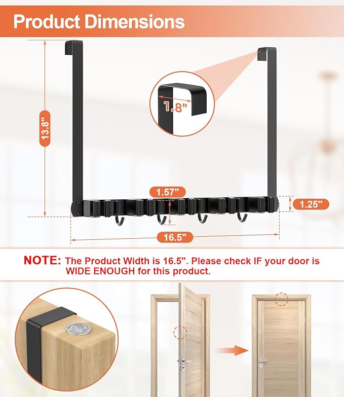 Broom Holder Over The Door with 4 Over Door Hook, Drilling Free Mop - Black | Save Space, Metal Mop and Broom Storage Wall Mount Broom Storage Tool Organizer for Laundry Room Garage Kitchen Bathroom