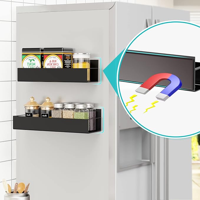 Vetacsion 2 Pack Moveable Fridge Magnetic Spice Racks,Metal Black