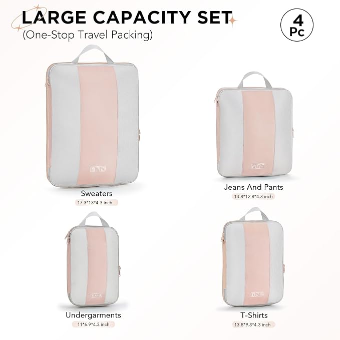 OlarHike 4 Set Compression Packing Cubes for Travel Essentials,Compressible Expandable Space Saver Bags for Organizing Clothes,Luggage Suitcase Garment Bags with Over 1000 pcs Mesh Holes(Beige)