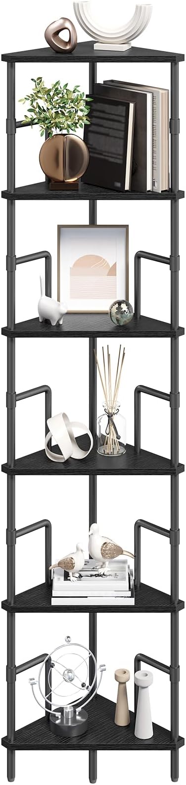 MAHANCRIS 6-Tier Corner Shelf, 65" Tall Corner Bookshelf with Metal Frame, Narrow Display Shelf Stand, Industrial Corner Bookcase for Living Room, Bedroom, Home Office, Black CSBK6601