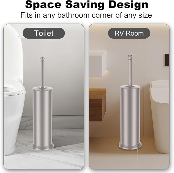 Stain Nickel Toilet Brush and Holder，Extra Long Handled Toilet Brush for Bathroom，Stainless Steel Heavy Duty Toilet Bowl Brush,Removable Inner Bowl,Deep Cleaning Dense Bristles Brush
