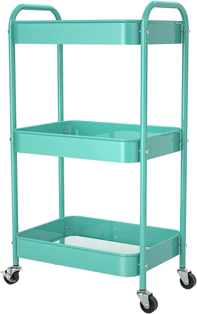 3-Tier Rolling Cart, Metal Utility Storage Carts with Wheels,Blue | Multi-Functional Organizer Easy Assembly Snack Cart