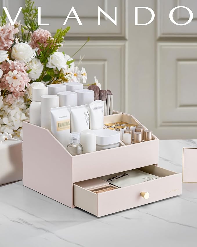 VLANDO Makeup Organizer,Vanity Organizer with Drawers, PU Leather Skincare Organizer Perfume Organizer,Large Cosmetic Display Case for Lipstick,Brushes Gifts for Women-Apricot White