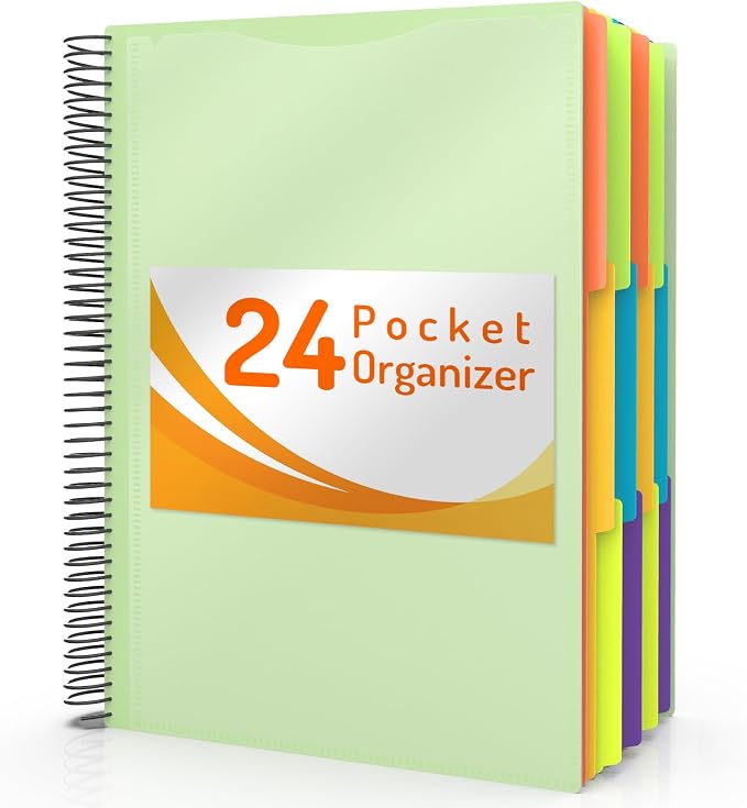 Forvencer 24 Pocket Project Organizer, 1/3-cut Tab Binder Organizer with Sticky Labels, Multi Pocket Folder with Zipper Pouch, Folder Binder Spiral Pocket Notebook, Office Supplies, Letter Size, Green