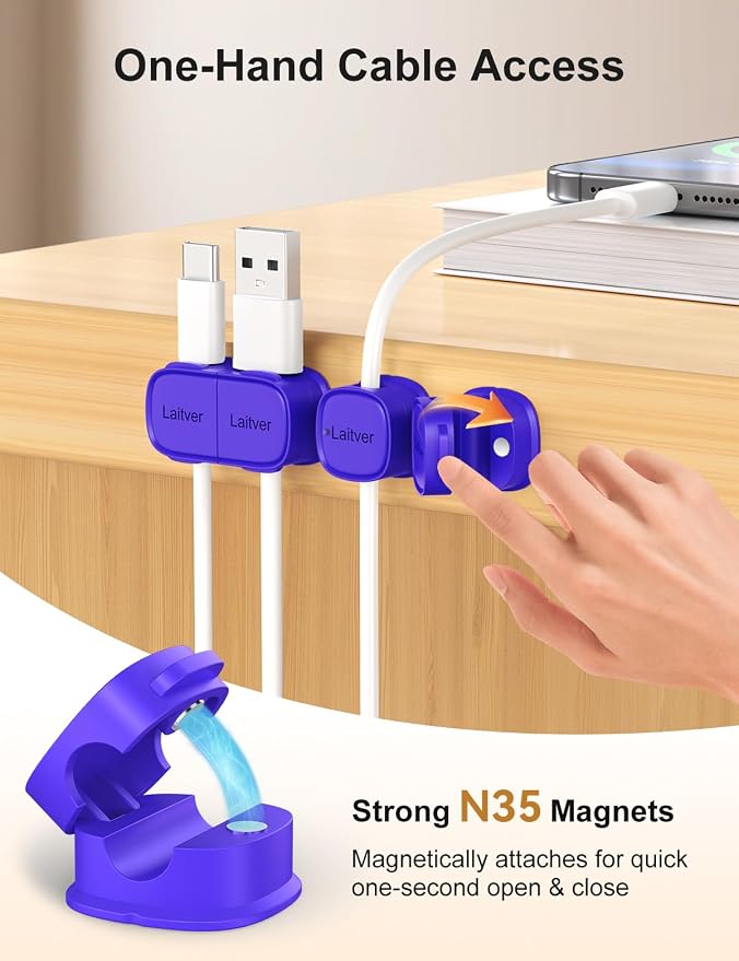6 Pack Magnetic Cable Clips [1s Open/Lock], Cord Organizer Holder | Strong Adhesive Desk Cable Management- Organize Charging Cords Neatly for Home, Office, Car,Desk, Nightstand-Dark Blue