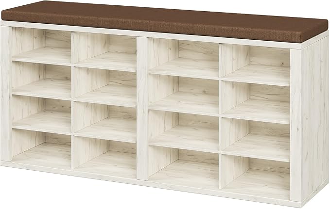 Shoe Storage Bench with Cushion Shoe Rack for Entryway 16 Cubby Multifunctional Organizer Bench Entryway with Soft Sponge Cushion for Hallway Living Room Bedroom (White & Brown)