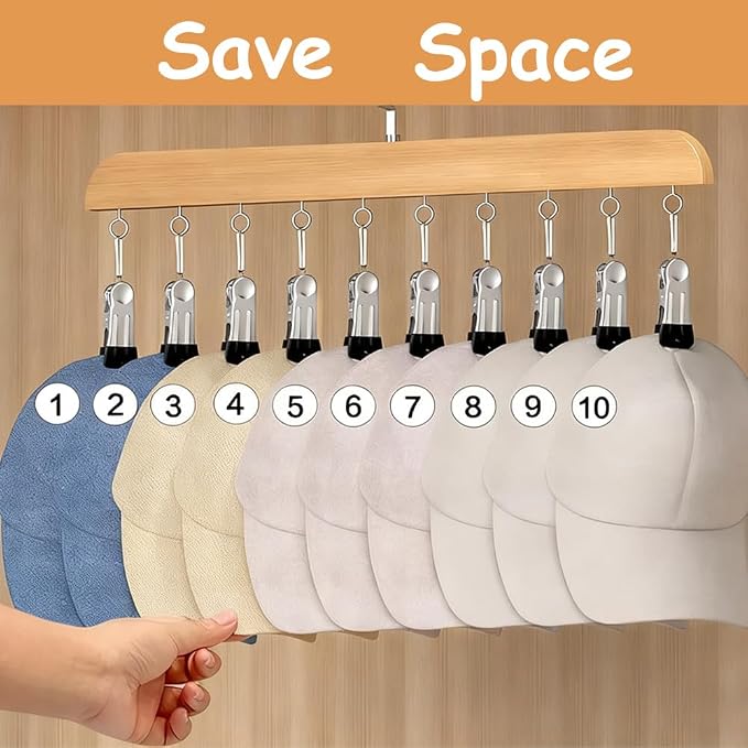 8 Pack Hat Hangers Bulk for Closet Display, Wooden Hat Storage Organizer with 80 Metal Clips for Baseball Caps, Summer Hat Rack for Beanie, Skullies, Visors, Walnut Brown Color
