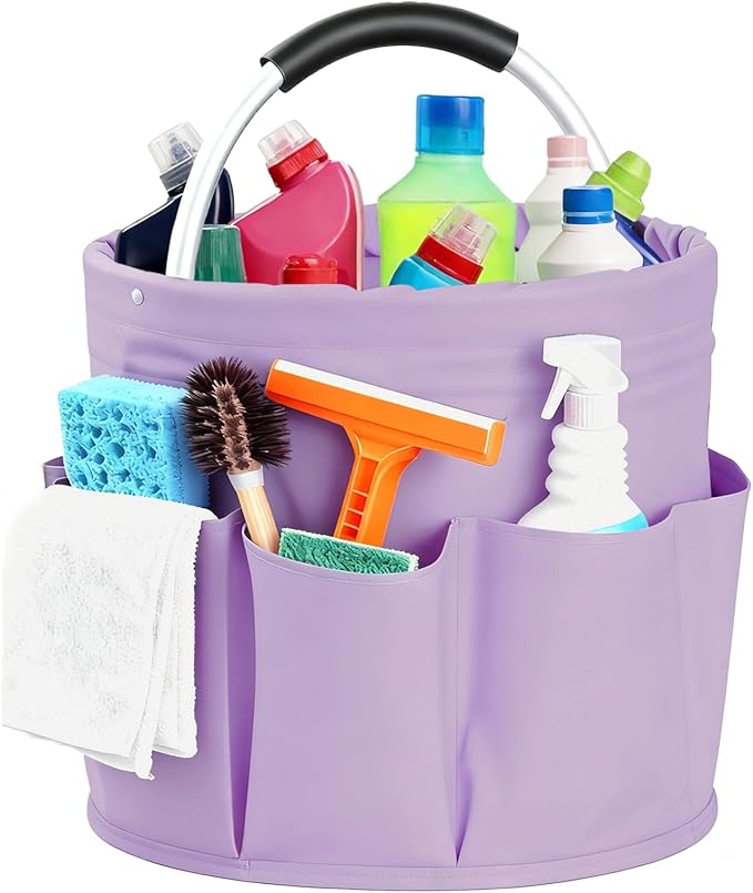 Cleaning Caddy with Handle, Cleaning Products Organiser, Foldable Storage Basket, Large Supply Organiser 17L with 6 Pockets, Portable Cleaning Caddy for Home & Garden (Purple)