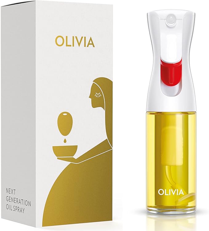 FLAIROSOL OLIVIA Signature The Original Advanced Oil Sprayer for Cooking, Kitchen, Salads, BBQs, Continuous Spray with Portion Control, 130ml Glass Olive Oil Sprayer(White Print)