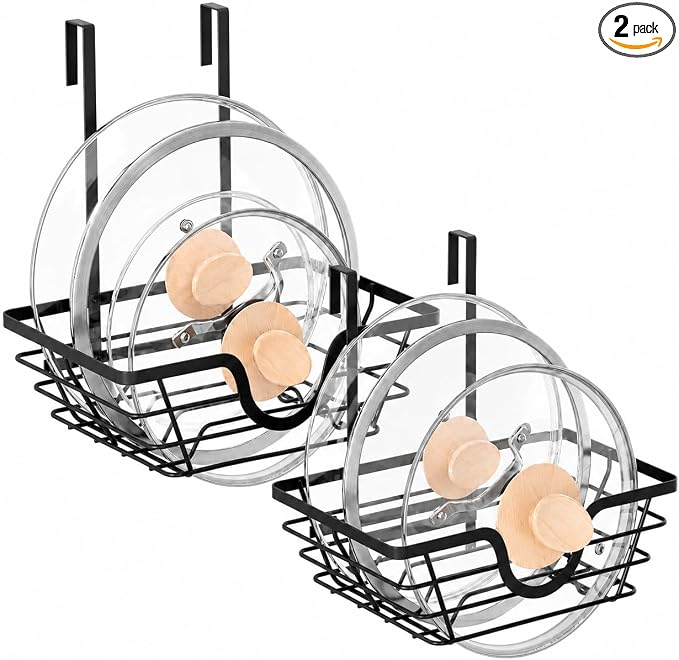 TIDIIABODE Pot Lid Organizer 2 Pack, Adjustable Kitchen Pot Lid Holder Inside Cabinet, Kitchen Cabinet Organizer Hanging for Food Storage Container, Pot, Pan Lid & Bakeware, Black