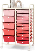 COSTWAY 15 Drawer Rolling Storage Cart, Mobile Storage Organizer | Removable Drawers & Metal Frame, Multipurpose Utility Tools Paper Organizer on Wheels for Home, Office (Mixed Pink)