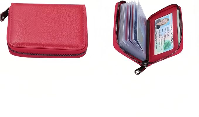 Genuine Leather Credit Card Holder, Wallet Case, Bank Card Case, RFID Blocking Secure Card Case, ID Case, Organizer Zipper Wallet 1 Pcs - Rose