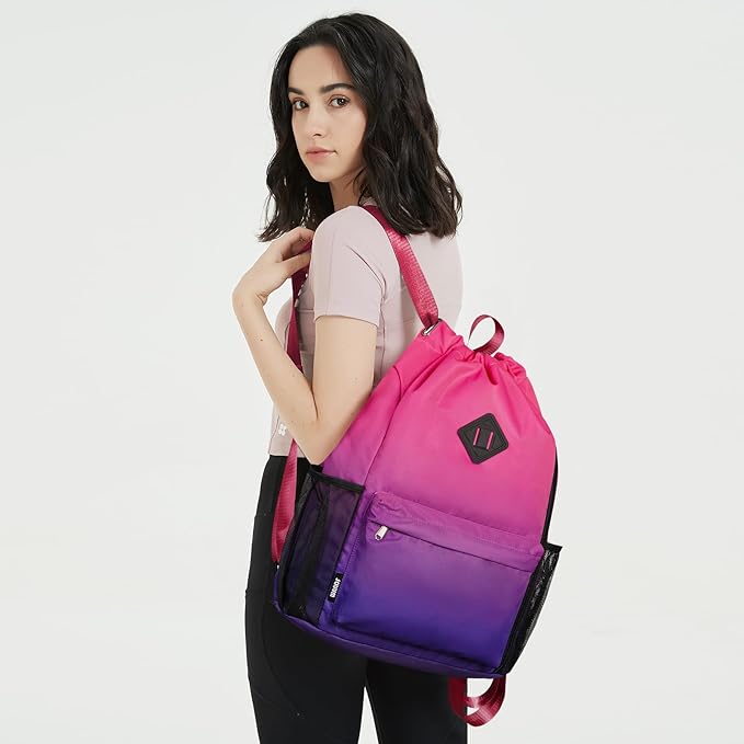 WANDF Drawstring Backpack with Shoe Compartment, Sports Gym Bag | Multi-Pocket Storage, Water-Resistant Fabric, Cinch String Bag