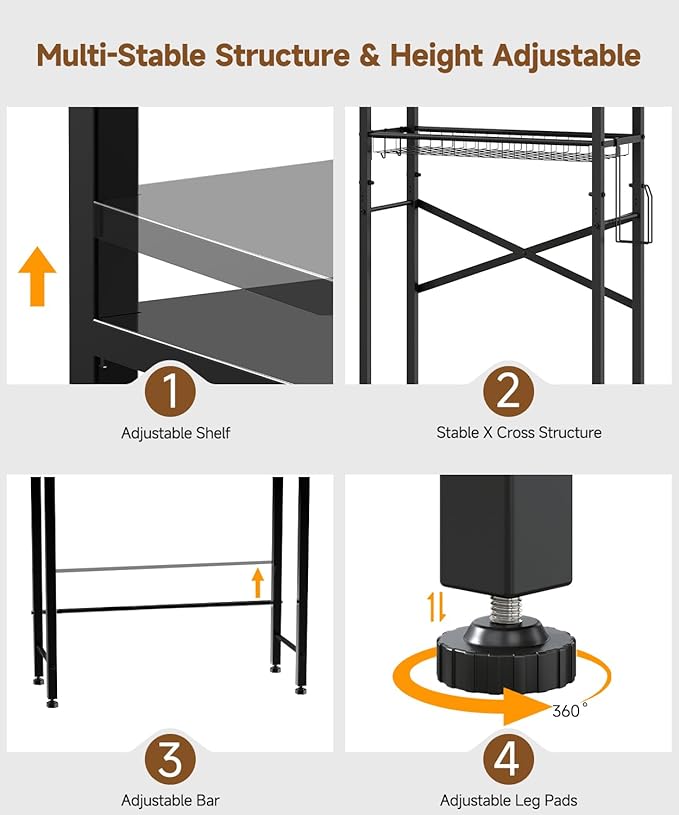 Over the Toilet Storage Rack,4-Tier Adjustable Bathroom Organizer Over Toilet with Storage Basket & 4 Hooks,Space Saving Shelf for Washer & Mini Fridge,Rustproof,Black Metal
