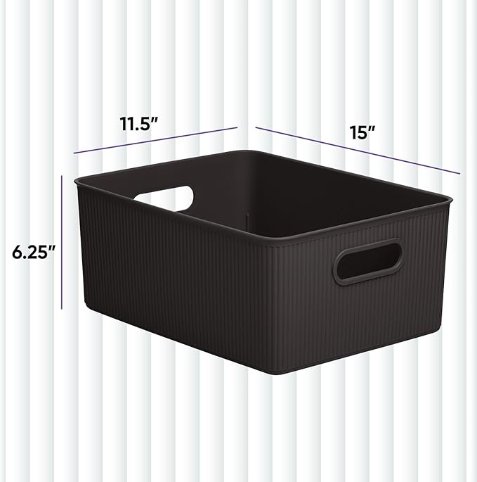 Superio Ribbed Collection - Decorative Plastic Basket Open Home Storage Bins Organizer, Large Brown (2 Pack) Container Boxes for Organizing Closet Storage Bins for Shelves 15 Liter/16 Quart