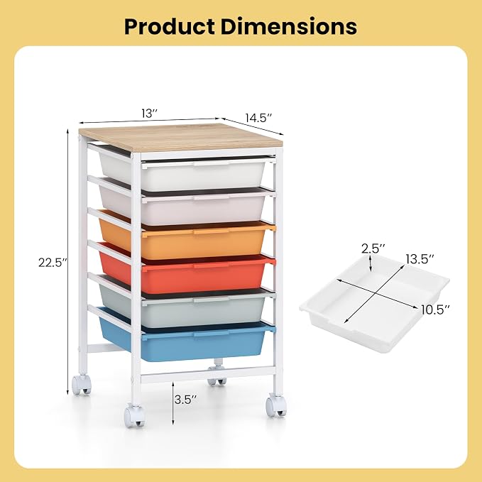 GOFLAME 6-Drawer Rolling Storage Cart, Craft Storage Cart with Wooden Tabletop and Lockable Wheels, Art Cart Supply Storage Organizer with Metal Frame for Home Office Classroom, Macaron Color