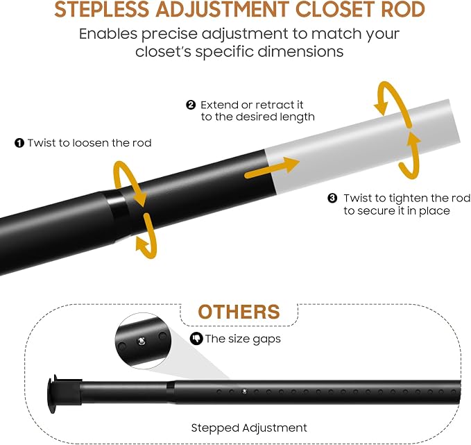 Closet Rods for Hanging Clothes, 16 to 60 Inch Stepless Adjustable Closet Rod, Heavy Duty 1.3 Inch Closet Hanging Rod for Closet Wardrobes Laundry RV, 1 Packs