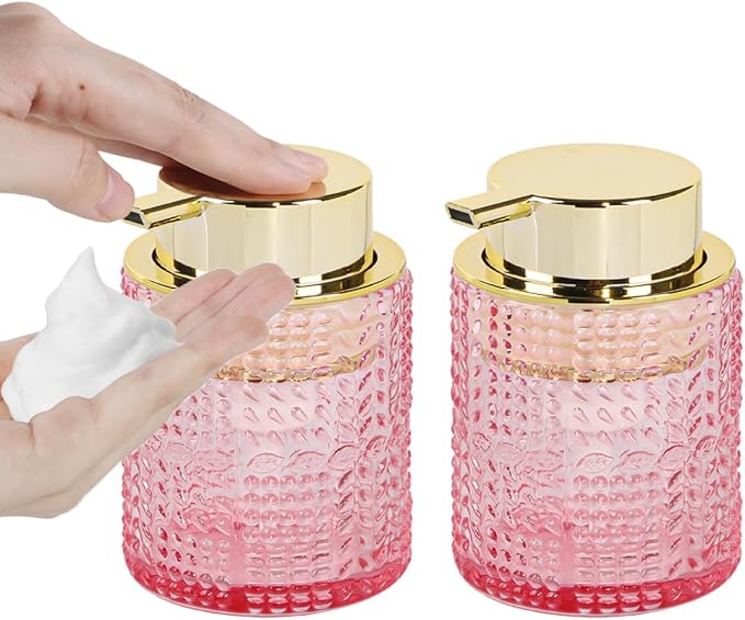 2pcs Glass Foaming Soap Dispenser, Pink Bathroom Foam Hand Soap Dispenser with Gold Pump, Refillable 10 Oz Lotion Shampoo Pump Dish Bottle Container for Bathroom Kitchen Decor