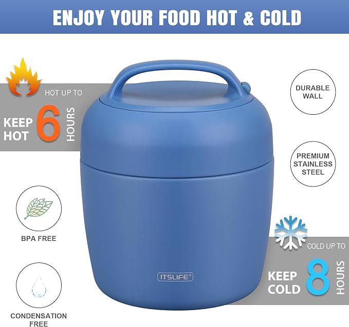 Thermo Food Jar for Hot Food Adults 32OZ Soup Thermo Lunch Containers Wide Mouth Vacuum Insulated Stainless Steel Leakproof Bento Box with Spoon (New) (NEW-BLUE)