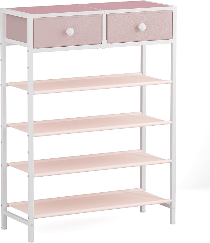 Shoe Rack, 5 Tier Shoe Organizer with 2 Drawers, Metal Shoe Storage for 16-20 Pairs of Shoes with Fabric Shelves and Wooden Top, Narrow Shoe Shelf for Closet Entryway Pink