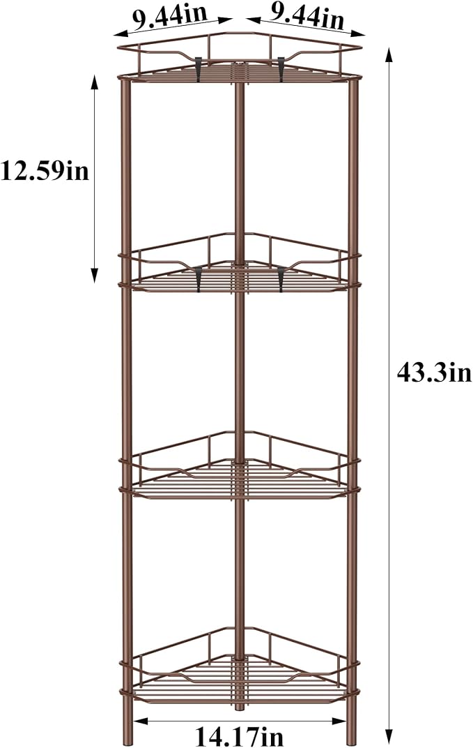 HuggieGems 4 Tier Floor Standing Corner Shower Caddy Organizer Shelf with Hooks, Bathroom Shelves Stand Rack, Coffee