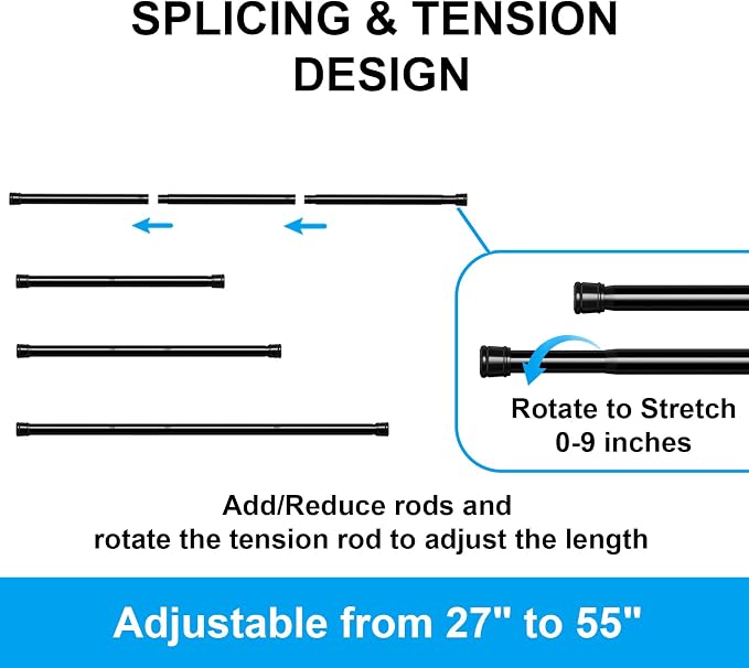 Tension Curtain Rods 27-55 Inch, 1"Diameter | Shower Curtain Rod Spring Long Adjustable for Bathroom Windows Closet No Drilling No Rust, Black