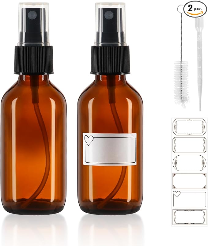 Leakproof Amber Glass Spray Bottles 2 oz with Fine Mist Sprayer 2 Pack | Small Durable Refillable Travel Containers for Face Mist, Perfumes, Essential Oils, Hair, Plants - Great Value Set