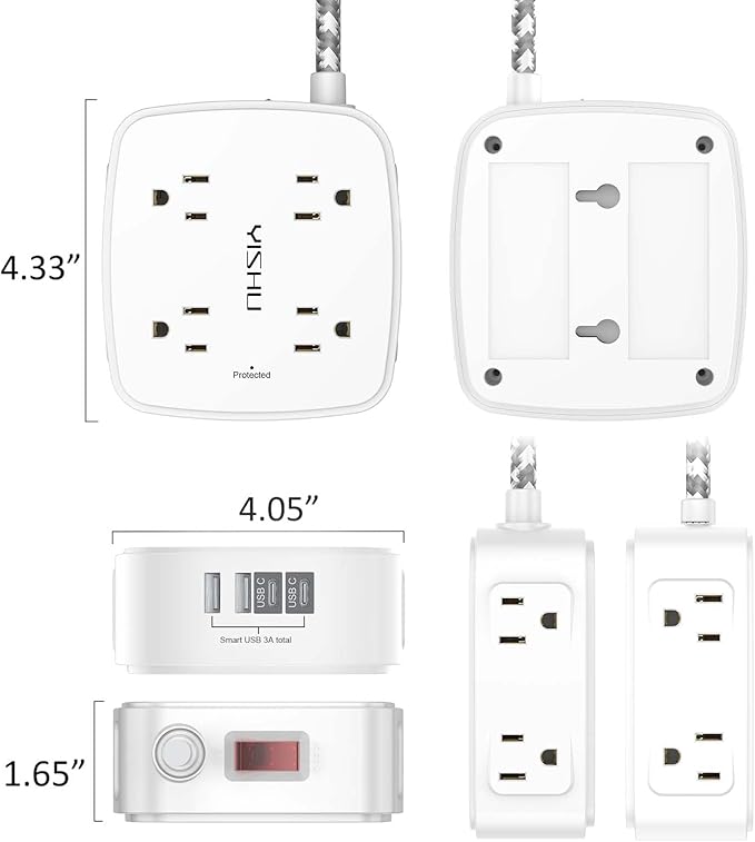 Surge Protector Power Strip - YISHU 8 Outlets with 4 USB (2 USB C) Charging Ports, 5Ft Braided Extension Cord, Flat Plug Multi Plug Outlet Extender Charging Station for Home Office, ETL, White