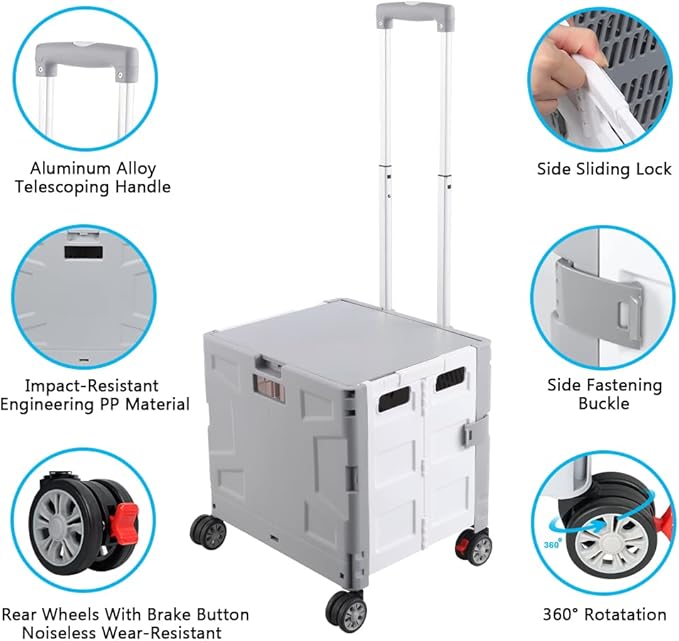 Foldable Shopping Utility Cart Portable Rolling Crate Handcart with 360°Rotate Wheel,Hidden Lid,Telescoping Handle Collapsible for Travel Shopping Moving Storage Office Use(White/Gray)