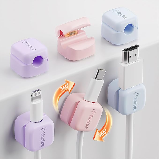 6Pack Rotatable Cord Organizer,Spring Cable Clips Desk Cable Management Cord Holder Adhesive Phone Charger Cord Clips for Home Office Car Wall Nightstand Accessories, Multicolor