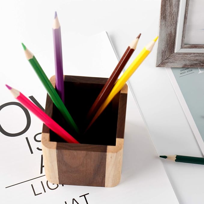 Natural Wood Desk Pen Holder Pencil Organizer Desktop Office Pencils Stand Holder Simple(Maple side walnut center)