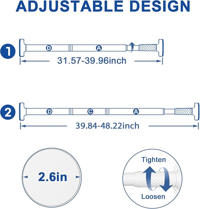 Tension Curtain Rod 32-48Inch White Shower Rod Tension Rod Adjustable Curtain Rods no Drilling Curtain Rods for Bathroom,Windows,Closets,Doorway
