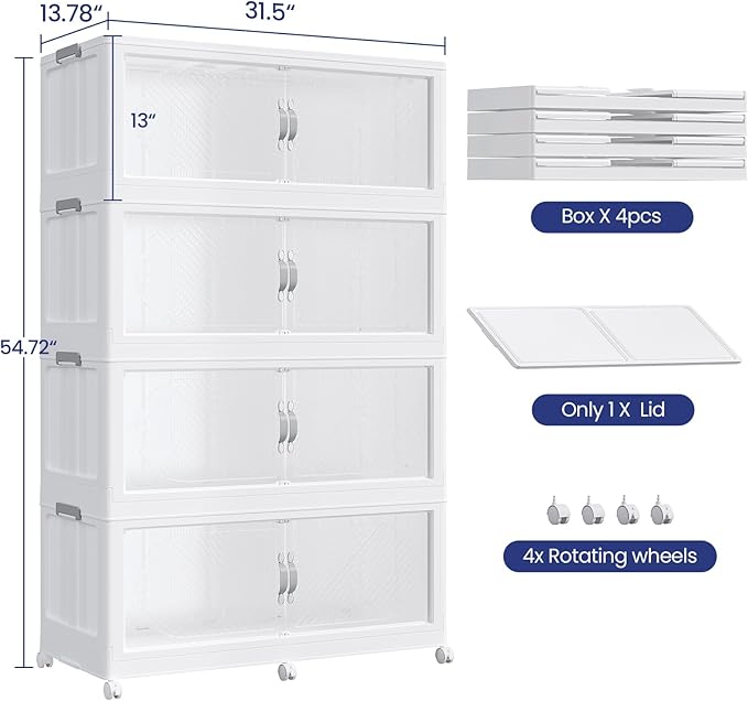 160Gal/640QT 4-Tiers Extra Large Stackable Storage Bins with Lid, Collapsible Cabinet Closet Organizer Plastic Container Box with Wheels Doors Drawers for Living Room Kitchen Office, White