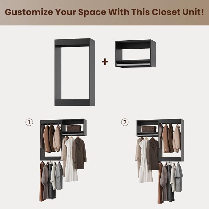 ROOMTEC Modular Closet System, 46" Wall-Mounted Closet Organizer with Hanging Rods, Wooden Tower for Walk-In Closets, Wardrobe Storage Kit, Black