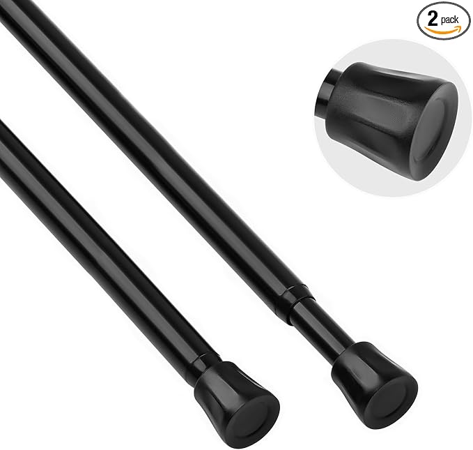 TYRON Tension Curtain Rod 11 to 17 Inch, Extendable Small Short Tension Rod, No Drill Extension Pressure Curtain Rods for Window, Closet, Kitchen, Cupboard, Cabinet Divider (Black, 2 Pack)