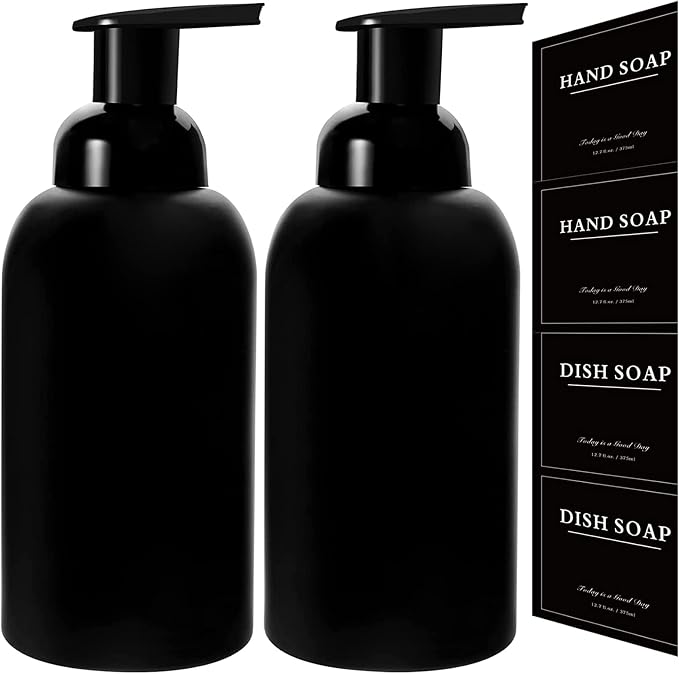 rejomiik 2 Pack Foaming Thick Glass Foam Hand Soap Dispenser for Bathroom or Kitchen Sink, 13 oz Pump Bottles for Hand soap, Body Wash, Matte Black