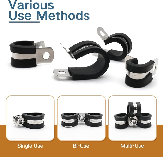 ZIPCCI 1/4 Inch Cable Clamps, 25 Pack Stainless Steel Wire Clamps, Rubber Metal Hose Clamps for Wire Line Clips, Pipe Clamps, Tube clamps (6mm)