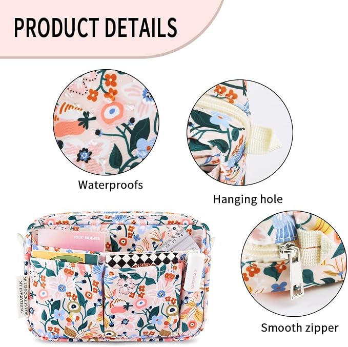 E-WEICHEN Multiple Pockets Portfolio Organizer with Zippered, Makeup Bag Travel Essentials for Women, Simple Waterproof Stationery Pencil Pouch Bag for Journal Office Art Supplies.Pink Flower