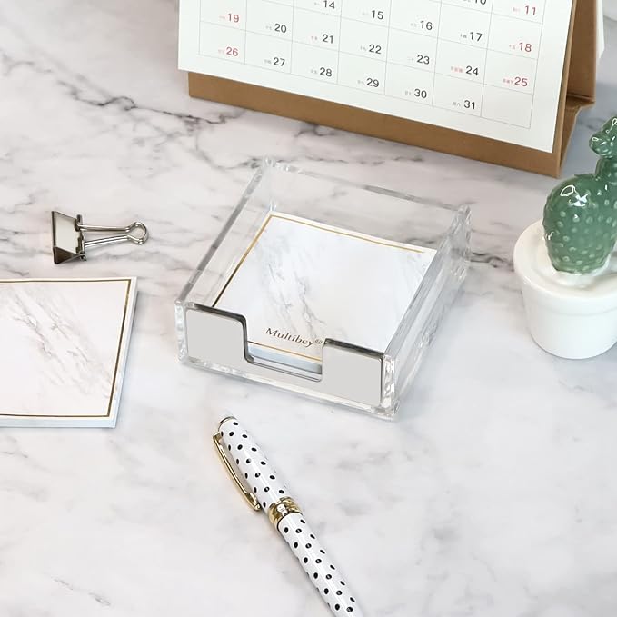 MultiBey Silver Sticky Note Holder Clear Acrylic Memo Pad Dispenser | Transparent Sticky Note Pad Holder Desk Supplies Organizer Accessories for Office Home Schools Decor (Silver)