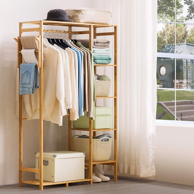 Ufine Bamboo Garment Rack with 6 Tier Storage Shelves & Hanging Rod | Heavy Duty Clothes Hanging Stand with Side Hooks, Portable Wardrobe Closet Organizer